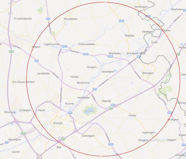 Bufferzone na uitbraak van hoogpathogene vogelgriep H5N8 bij Waregemse handelaar wordt uitgebreid naar beschermingsgebied (3 km) en toezichtsgebied (10 km)