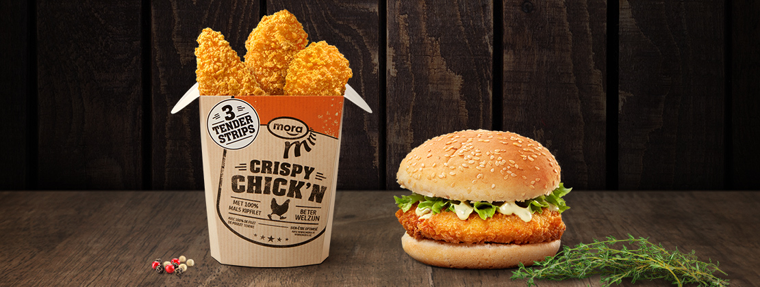 Crispy Chick’n Burgers en Strips van Mora voortaan van uitgelegde vleeskuikenouderdieren van duurzaamheidslabel NoviPlus